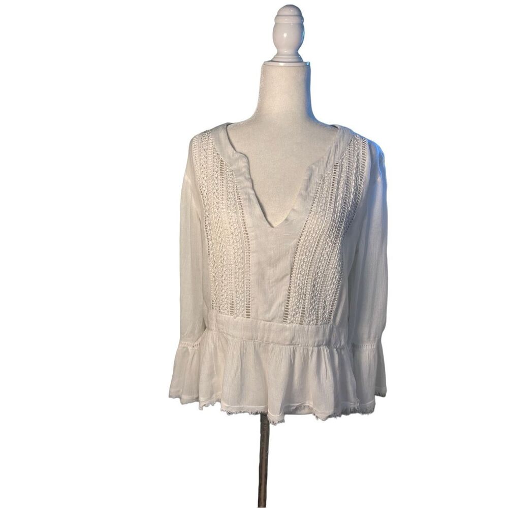 William Rast white long sleeve blouse with v-neck, lace detail, peplum waist and